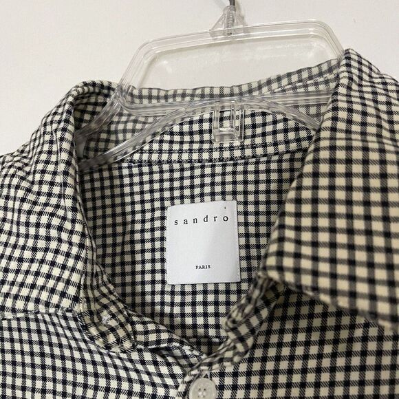 SANDRO Paris black white gingham plaid button down collared shirt medium - Picture 3 of 7
